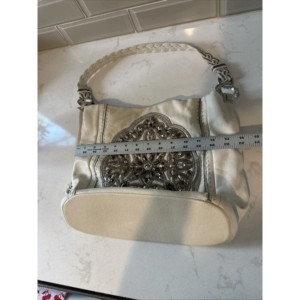 Brighton Pewter Anju Embellished Purse Jewel Masterpiece White‎ Leather Bag Hobo